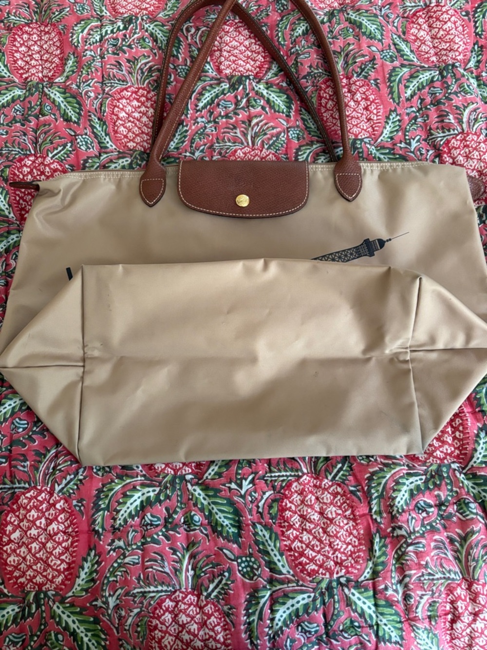 Longchamp Beige Tote with Black Eiffel Tower and Brown Trim - Picture 4 of 13